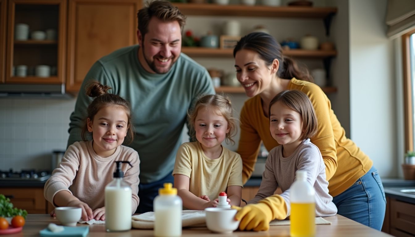 A family of four cleans their cozy kitchen with homemade natural cleaners.