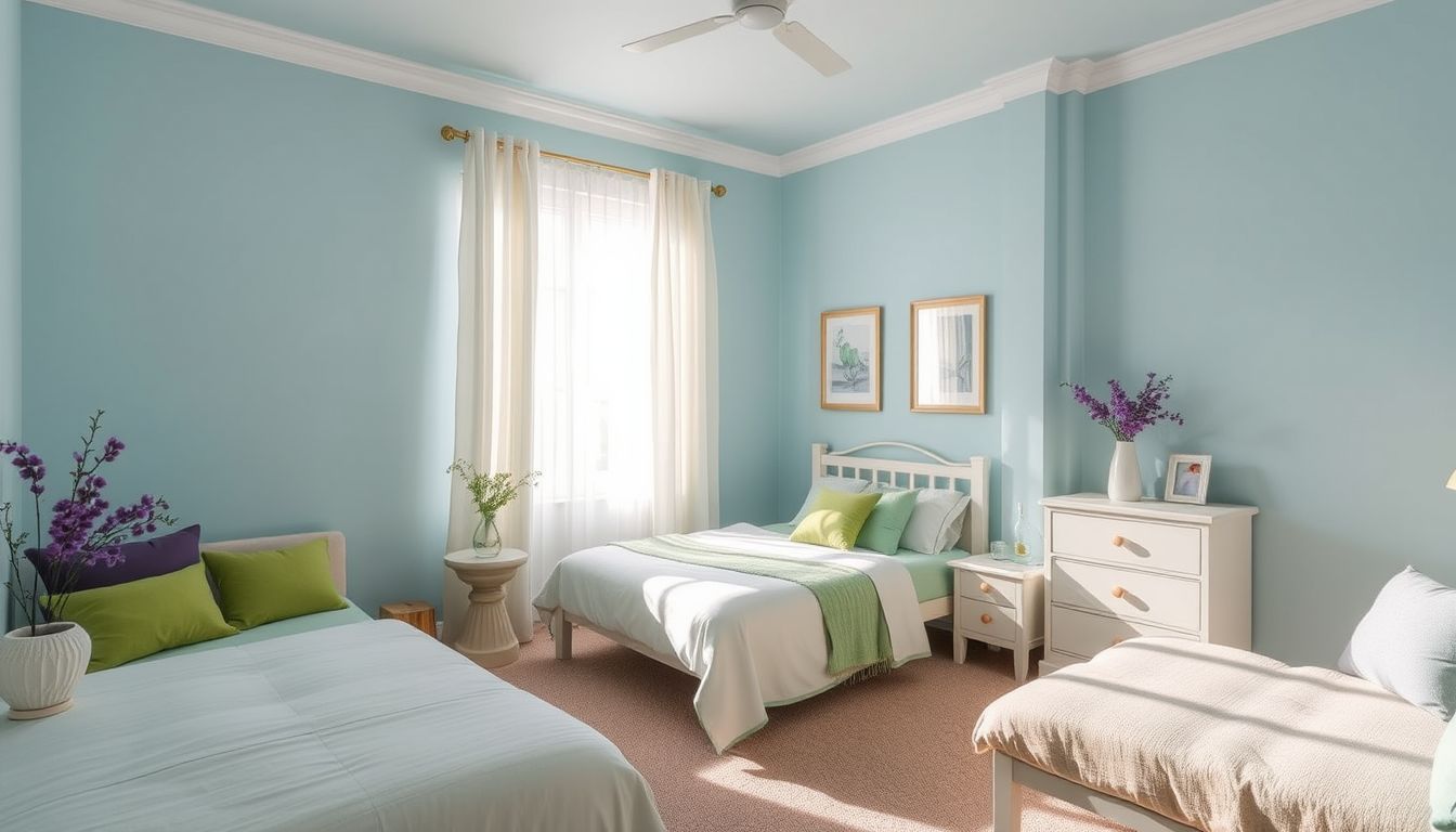 A tranquil bedroom with light blue walls and muted decor.