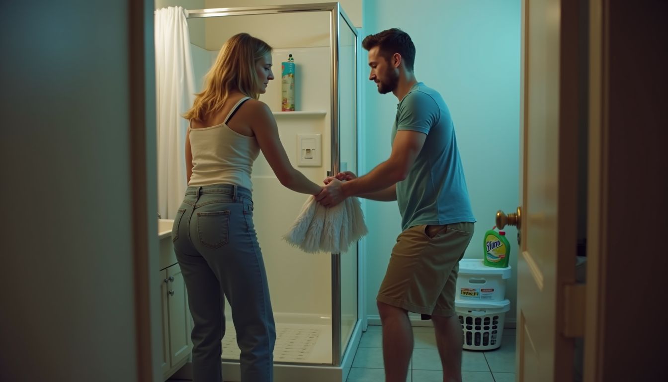 A couple in their thirties deep cleaning a bathroom at home.