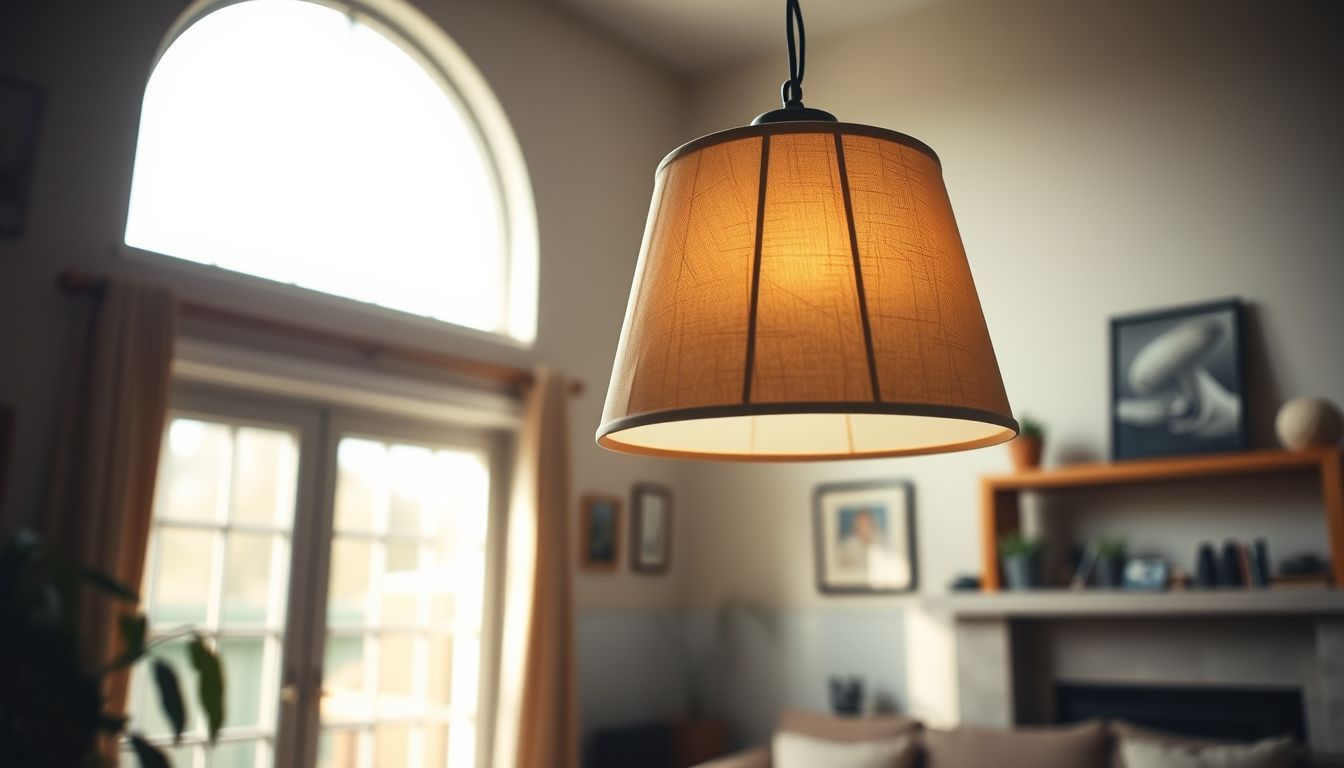 A DIY pendant light made from an upcycled lampshade hangs in a cozy, softly lit living room, adding a charming touch to the space.