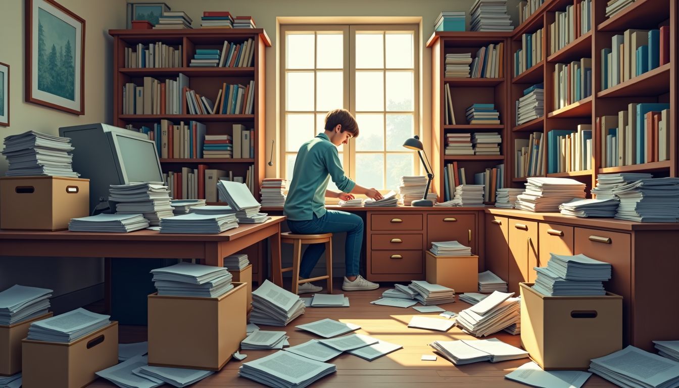 A cluttered home office being sorted by a person in their 30s.
