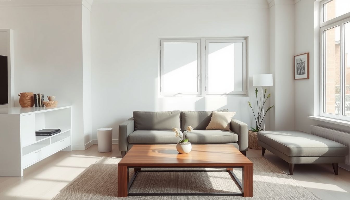 A minimalist living room with clean furniture and serene decor.