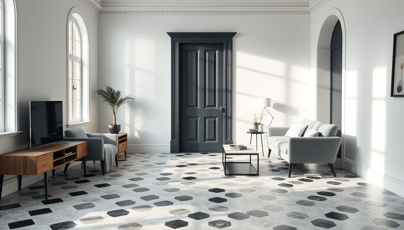 A modern living room with black and white hexagon tiles and minimalist furniture.