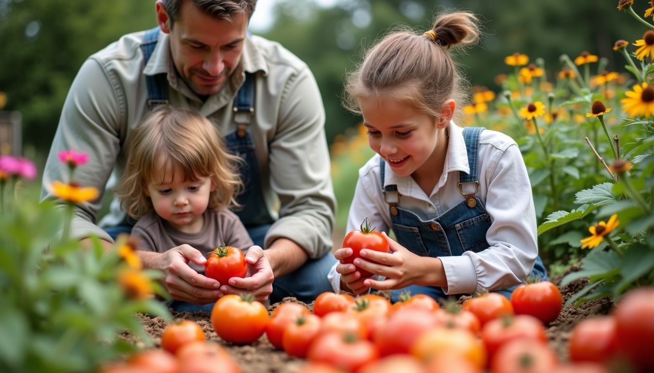 A family harvests fresh, pesticide-free tomatoes in their backyard garden.