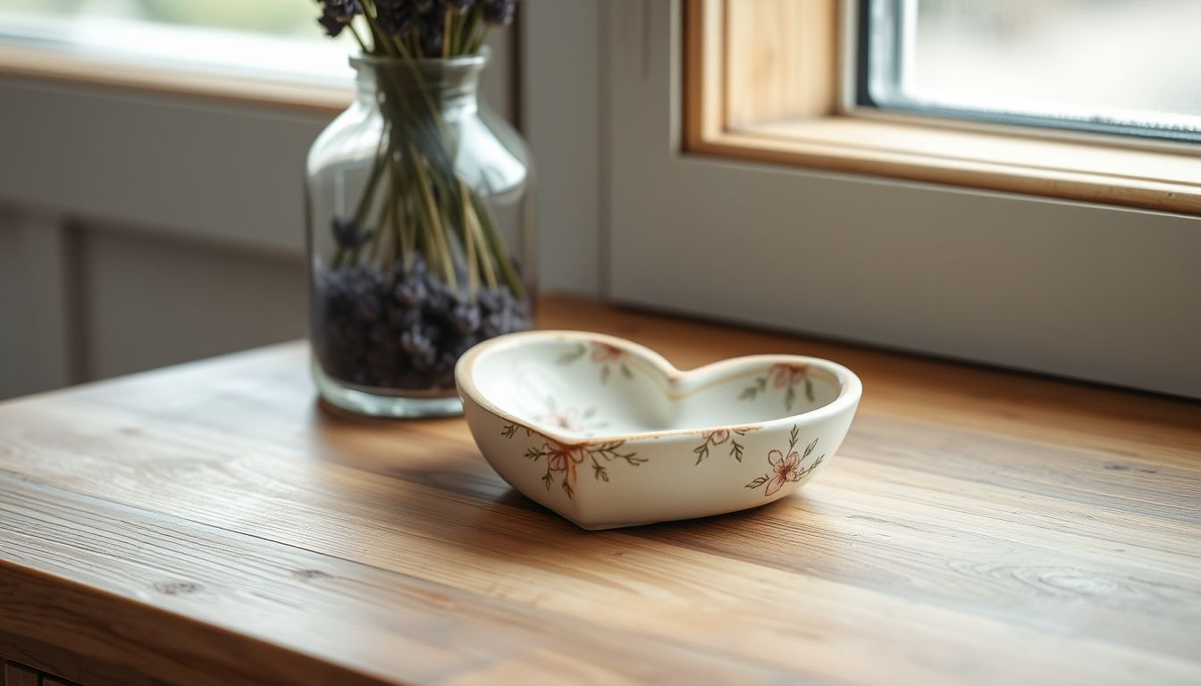 A heart-shaped clay jewelry dish with floral designs on a dresser.