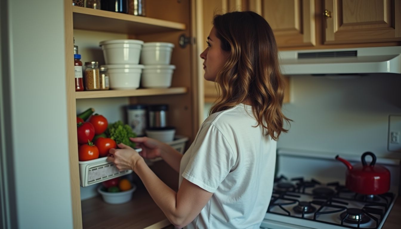 A woman in her 30s organizes her kitchen pantry with various storage solutions.
