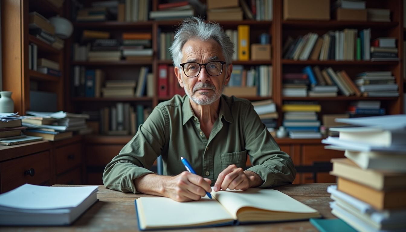 A middle-aged person is working on decluttering plans in a messy office.