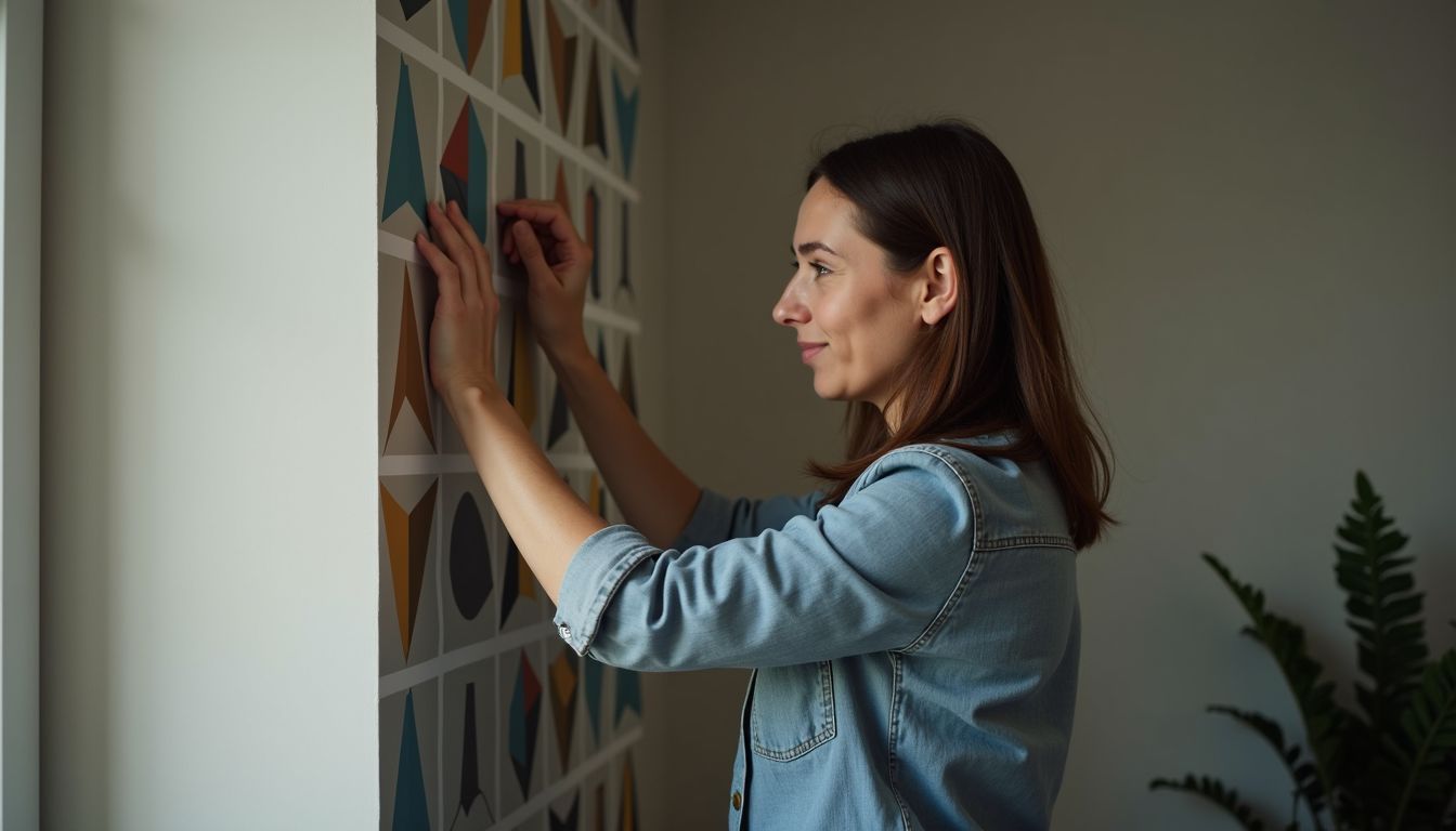 A woman in her 30s applies modern geometric wallpaper to living room accent wall.