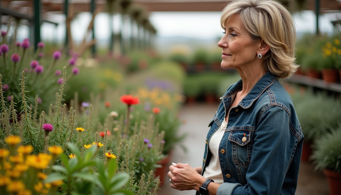 A woman in her 40s browsing drought-tolerant plants at a garden center.