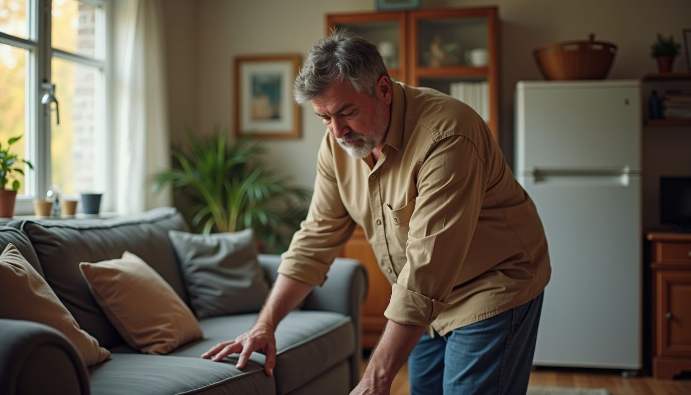A middle-aged man turning off lights and unplugging appliances in a cozy living room.