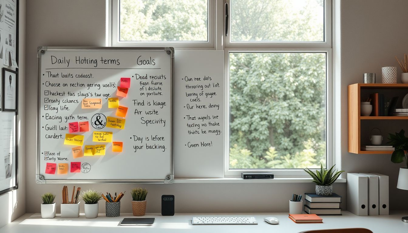 A tidy, light-filled workspace with a whiteboard, sticky notes, and garden view.