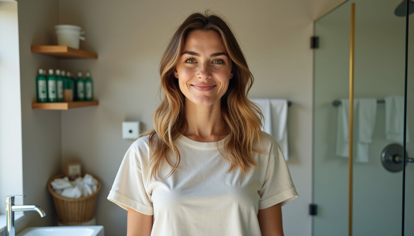 A woman in a sustainable bathroom with eco-friendly products.