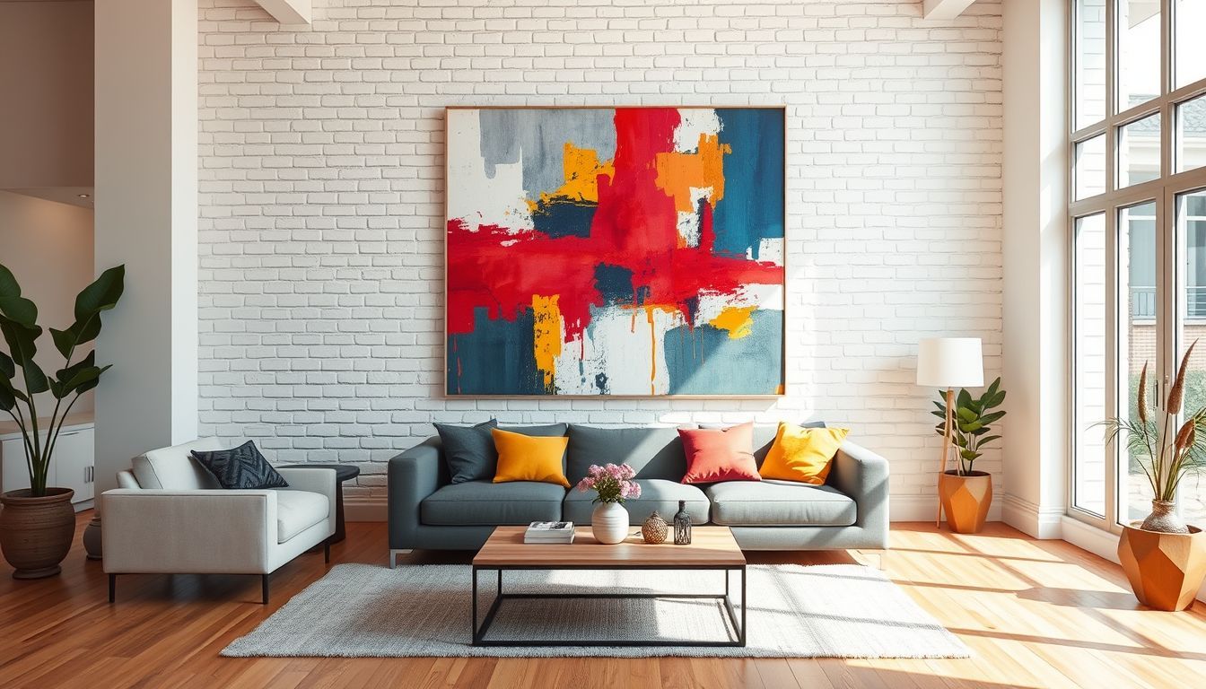 A modern living room with a vibrant abstract painting on the wall.