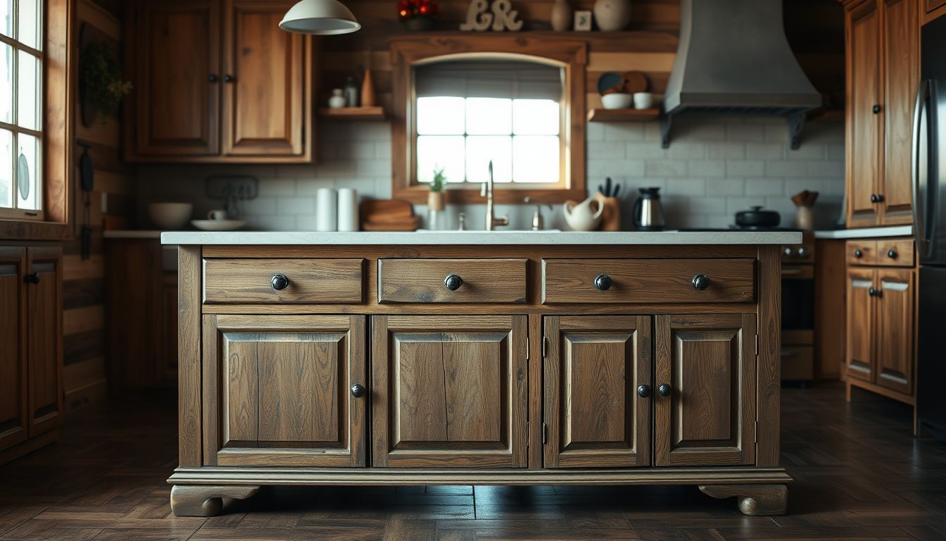 An old oak dresser turned into a kitchen island with stone top.