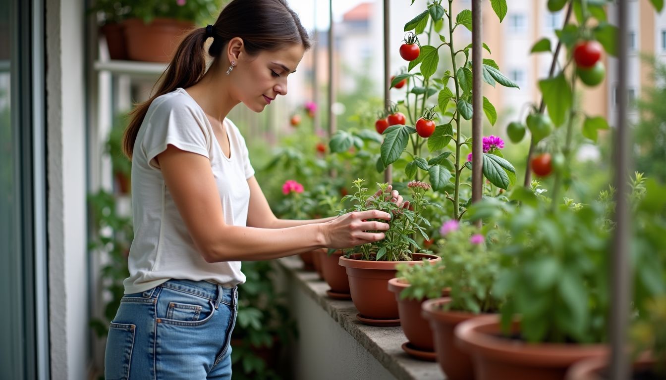 A woman tends to a balcony garden filled with climbing plants.