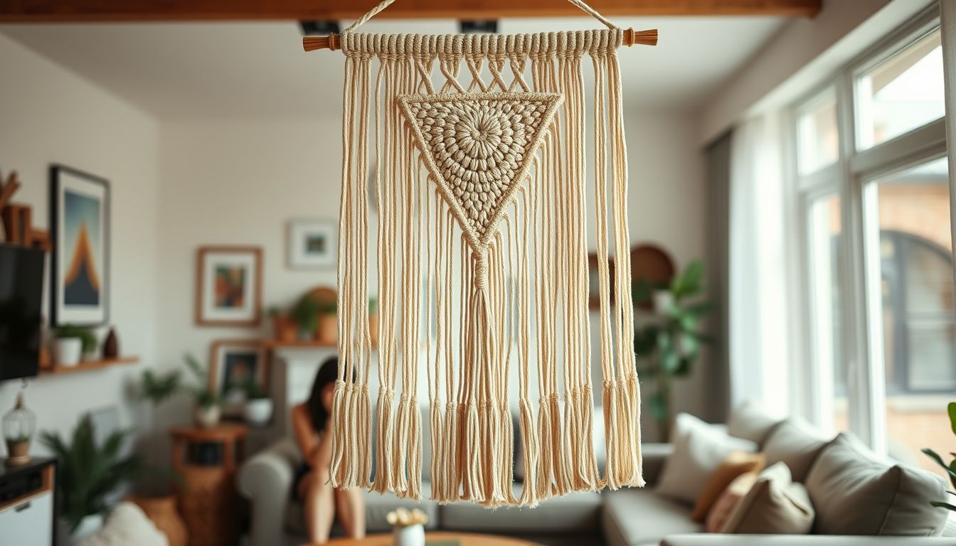 A handmade macramé wall hanging brings warmth to a cozy living room.