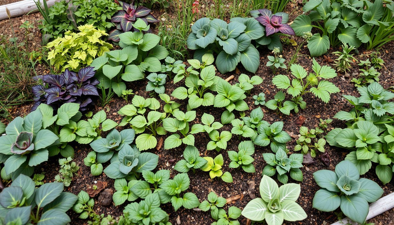 A diverse garden bed with companion plants thriving together in natural light.