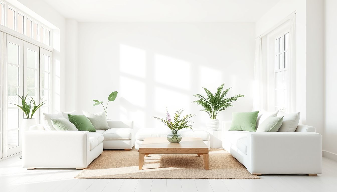 A bright, white living room with soft green accents and inviting atmosphere.
