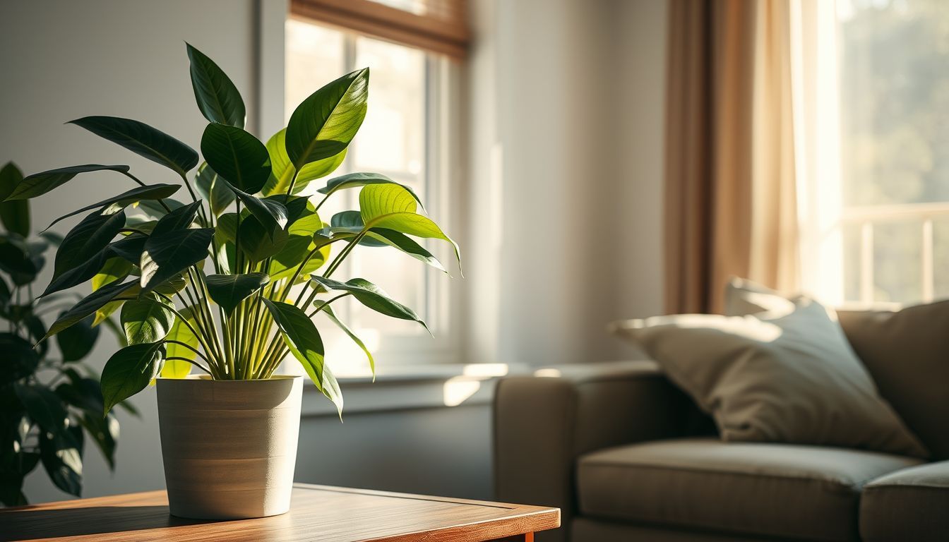 A ZZ Plant sits on a wooden table in a cozy living room.